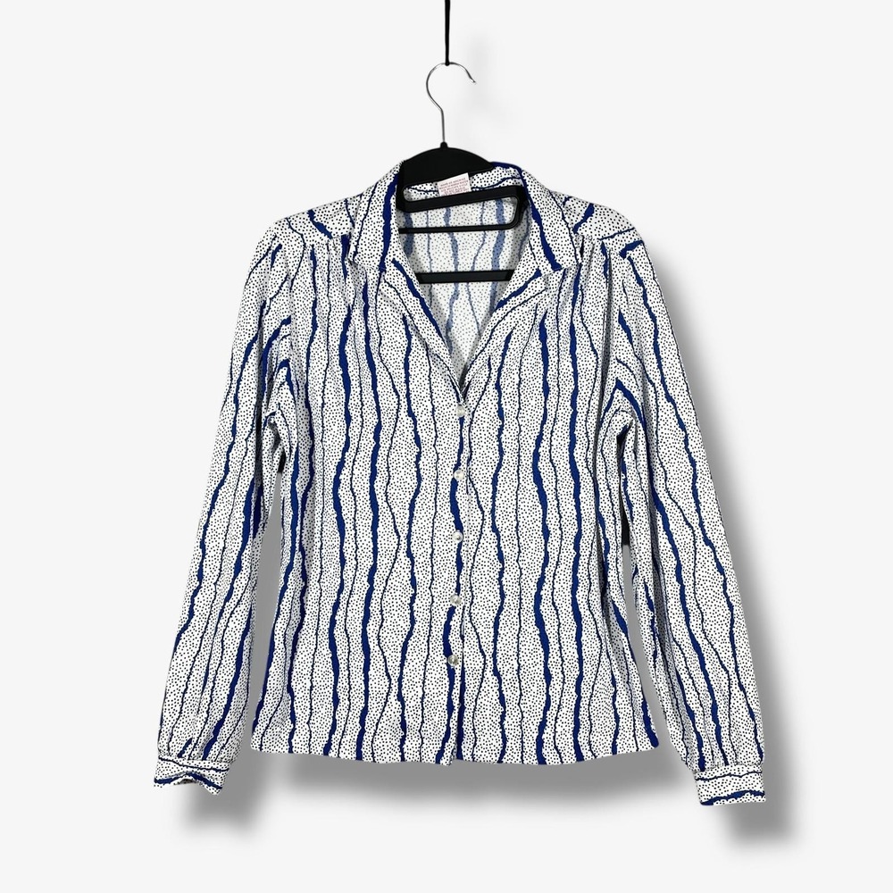 Graff Californiawear Blouse Womens S White‎ Blue Polka Dot Stripe Vintage 70s